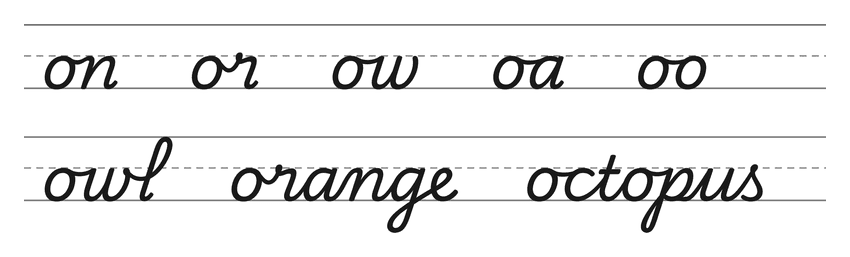 Cursive joins with o (on, or, ow, oa, oo) and words to practice: owl, orange, octopus