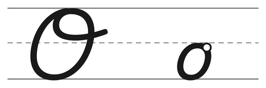 Capital cursive O and lowercase cursive o on handwriting lines