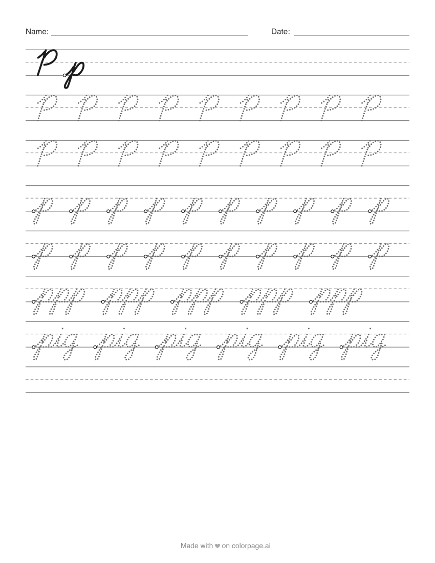Printable cursive P worksheet with capital and lowercase p to trace