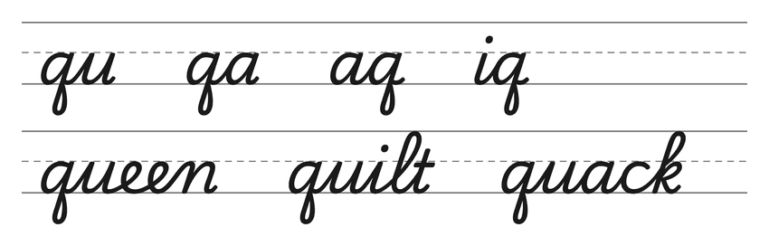 Cursive joins with q (qu, qa, aq, iq) and words to practice: queen, quilt, quack