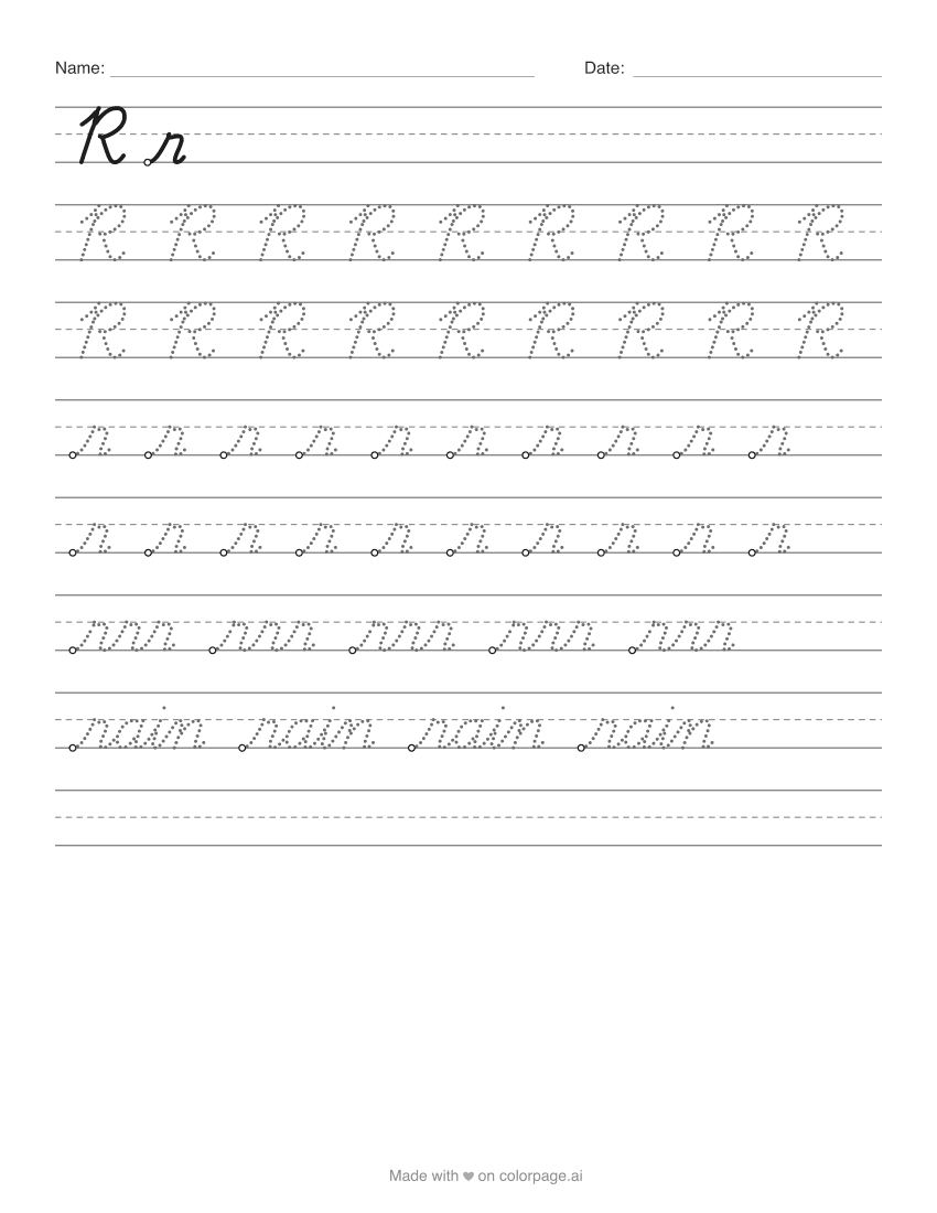 Printable cursive R worksheet with capital and lowercase r to trace