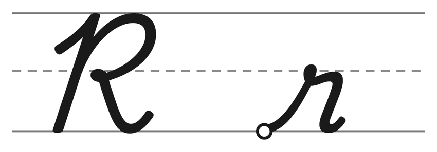 Capital cursive R and lowercase cursive r on handwriting lines