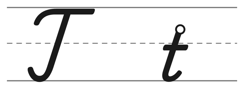 Capital cursive T and lowercase cursive t on handwriting lines