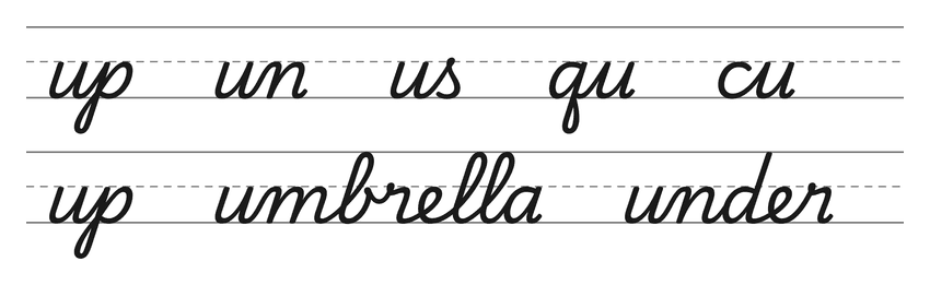 Cursive joins with u (up, un, us, qu, cu) and words to practice: up, umbrella, under