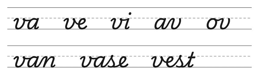 Cursive joins with v (va, ve, vi, av, ov) and words to practice: van, vase, vest