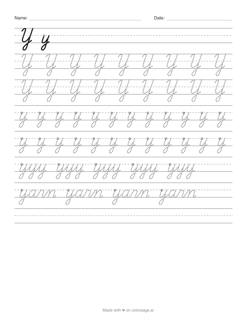 Printable cursive Y worksheet with capital and lowercase y to trace