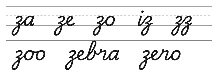 Cursive joins with z (za, ze, zo, iz, zz) and words to practice: zoo, zebra, zero