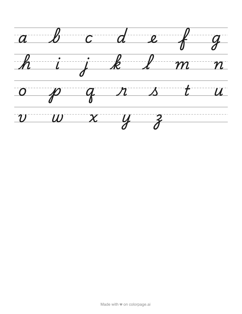 Lowercase cursive letters a to z on handwriting lines