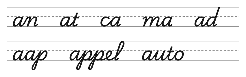 Verbindingen in schrijfletters met a (an, at, ca, ma, ad) en woorden om te oefenen: aap, appel, auto