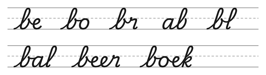 Verbindingen in schrijfletters met b (be, bo, br, ab, bl) en woorden om te oefenen: bal, beer, boek