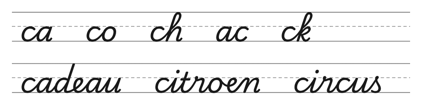 Verbindingen in schrijfletters met c (ca, co, ch, ac, ck) en woorden om te oefenen: cadeau, citroen, circus