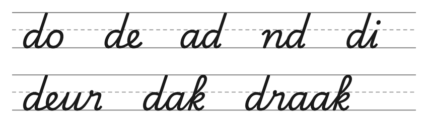 Verbindingen in schrijfletters met d (do, de, ad, nd, di) en woorden om te oefenen: deur, dak, draak