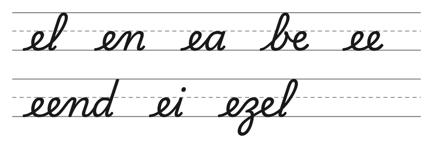 Verbindingen in schrijfletters met e (el, en, ea, be, ee) en woorden om te oefenen: eend, ei, ezel