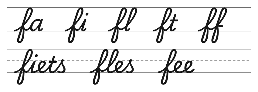 Verbindingen in schrijfletters met f (fa, fi, fl, ft, ff) en woorden om te oefenen: fiets, fles, fee