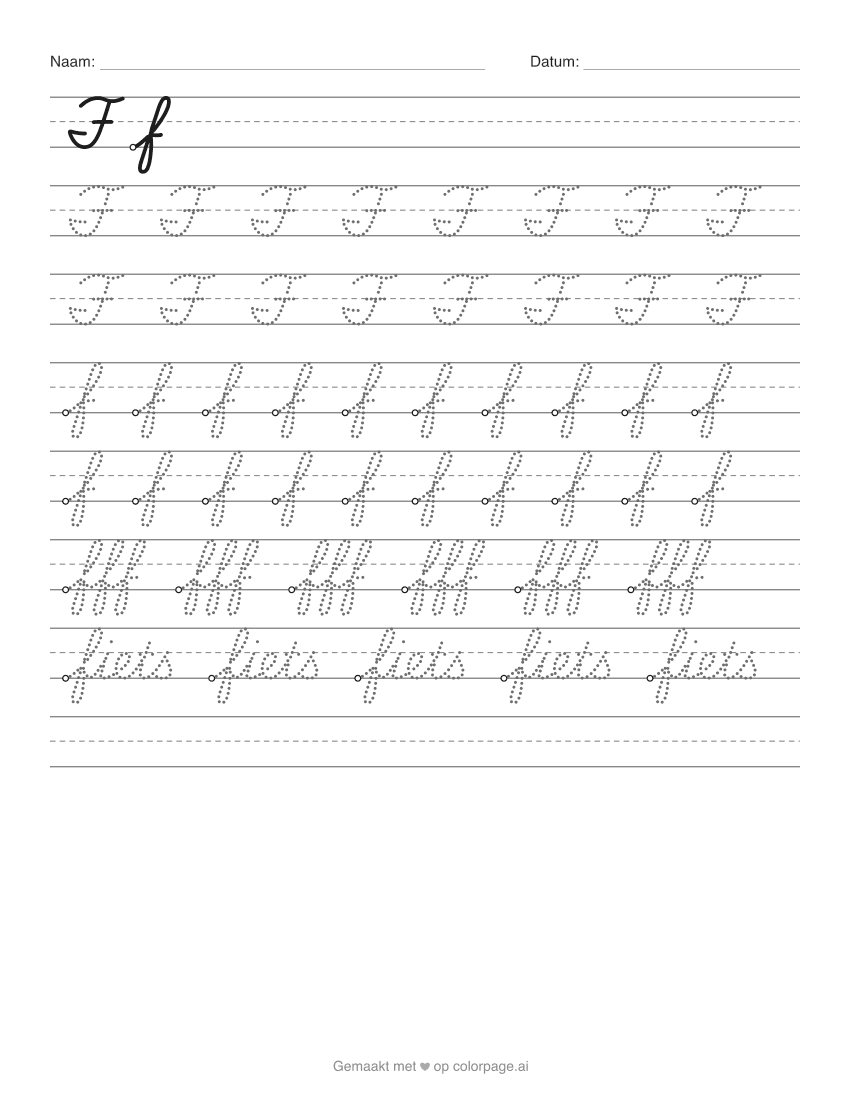 Werkblad schrijfletter F om te printen, met hoofdletter en kleine f om over te trekken