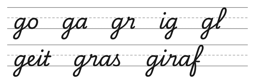 Verbindingen in schrijfletters met g (go, ga, gr, ig, gl) en woorden om te oefenen: geit, gras, giraf