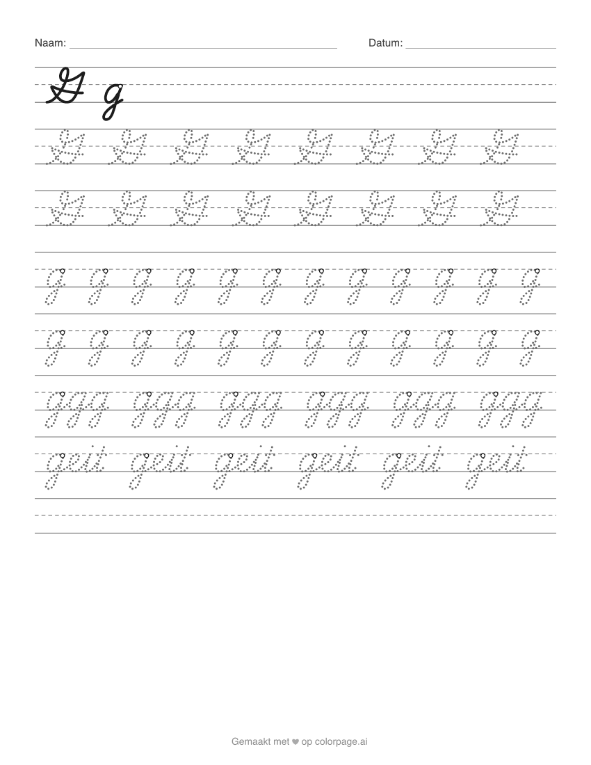 Werkblad schrijfletter G om te printen, met hoofdletter en kleine g om over te trekken