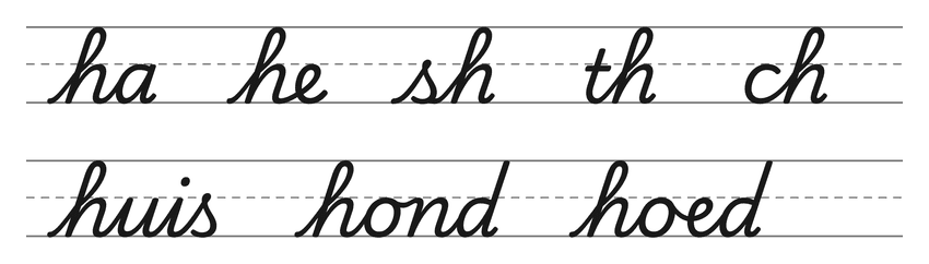 Verbindingen in schrijfletters met h (ha, he, sh, th, ch) en woorden om te oefenen: huis, hond, hoed