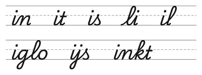 Verbindingen in schrijfletters met i (in, it, is, li, il) en woorden om te oefenen: iglo, ijs, inkt