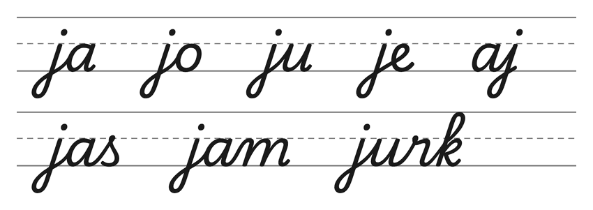 Verbindingen in schrijfletters met j (ja, jo, ju, je, aj) en woorden om te oefenen: jas, jam, jurk