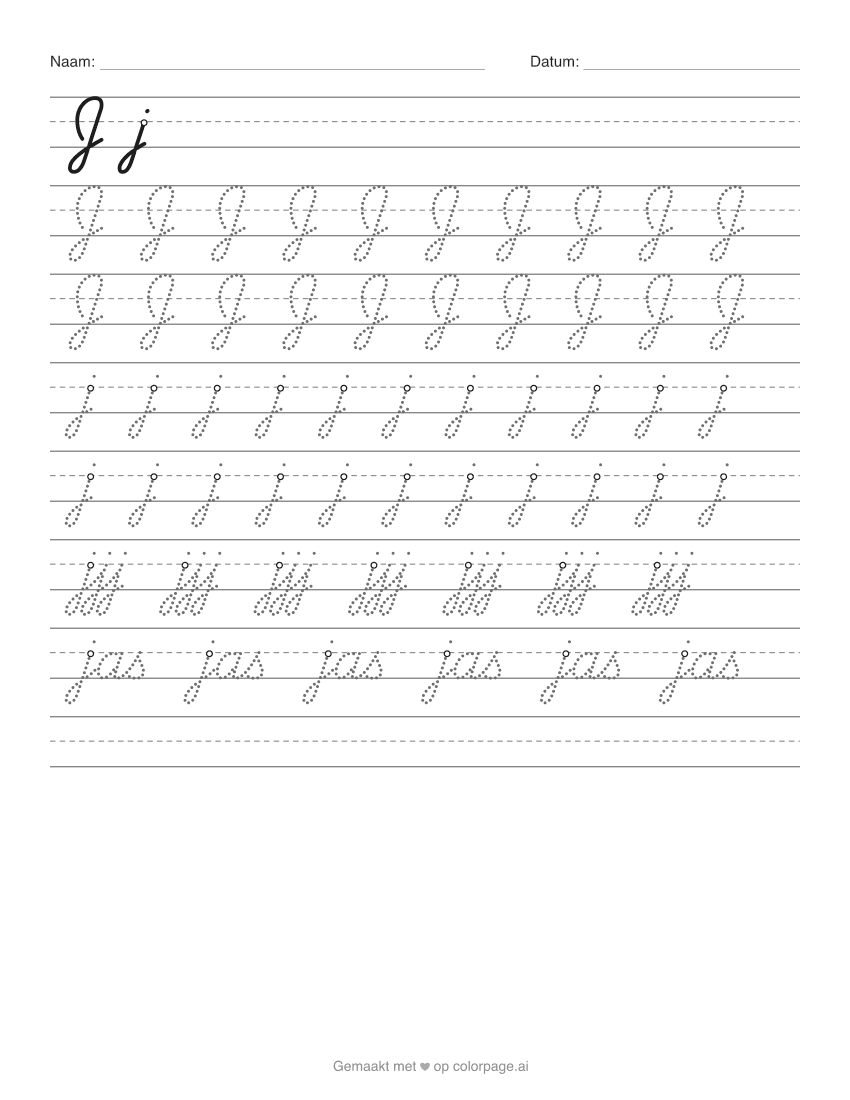 Werkblad schrijfletter J om te printen, met hoofdletter en kleine j om over te trekken