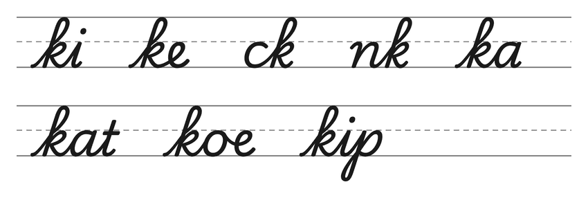 Verbindingen in schrijfletters met k (ki, ke, ck, nk, ka) en woorden om te oefenen: kat, koe, kip