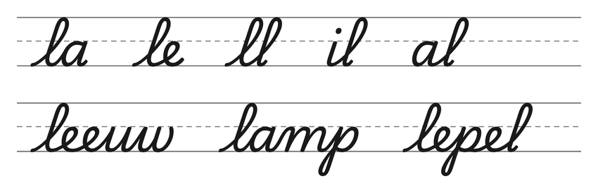 Verbindingen in schrijfletters met l (la, le, ll, il, al) en woorden om te oefenen: leeuw, lamp, lepel