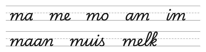 Verbindingen in schrijfletters met m (ma, me, mo, am, im) en woorden om te oefenen: maan, muis, melk