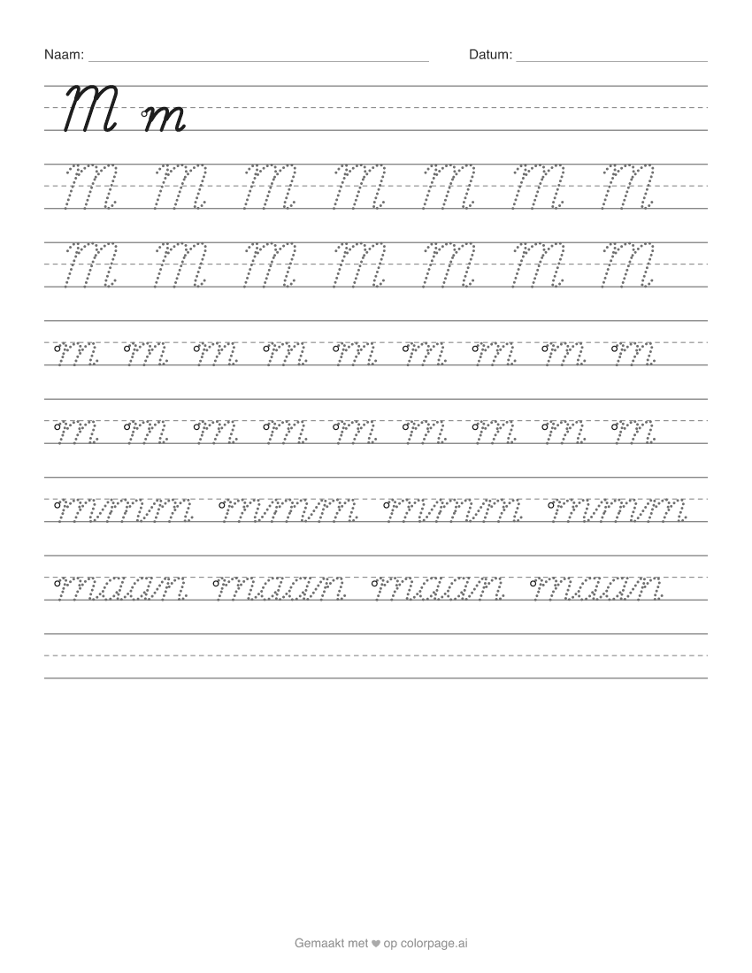 Werkblad schrijfletter M om te printen, met hoofdletter en kleine m om over te trekken