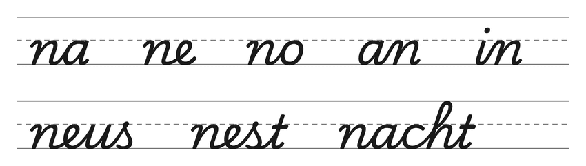 Verbindingen in schrijfletters met n (na, ne, no, an, in) en woorden om te oefenen: neus, nest, nacht