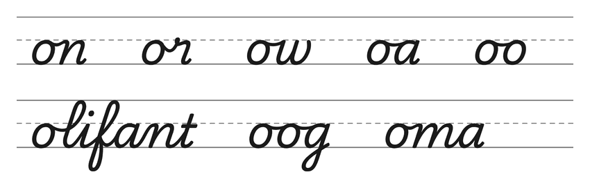 Verbindingen in schrijfletters met o (on, or, ow, oa, oo) en woorden om te oefenen: olifant, oog, oma