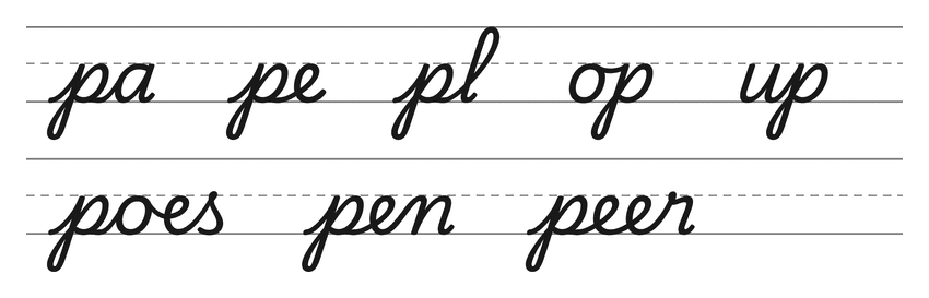 Verbindingen in schrijfletters met p (pa, pe, pl, op, up) en woorden om te oefenen: poes, pen, peer
