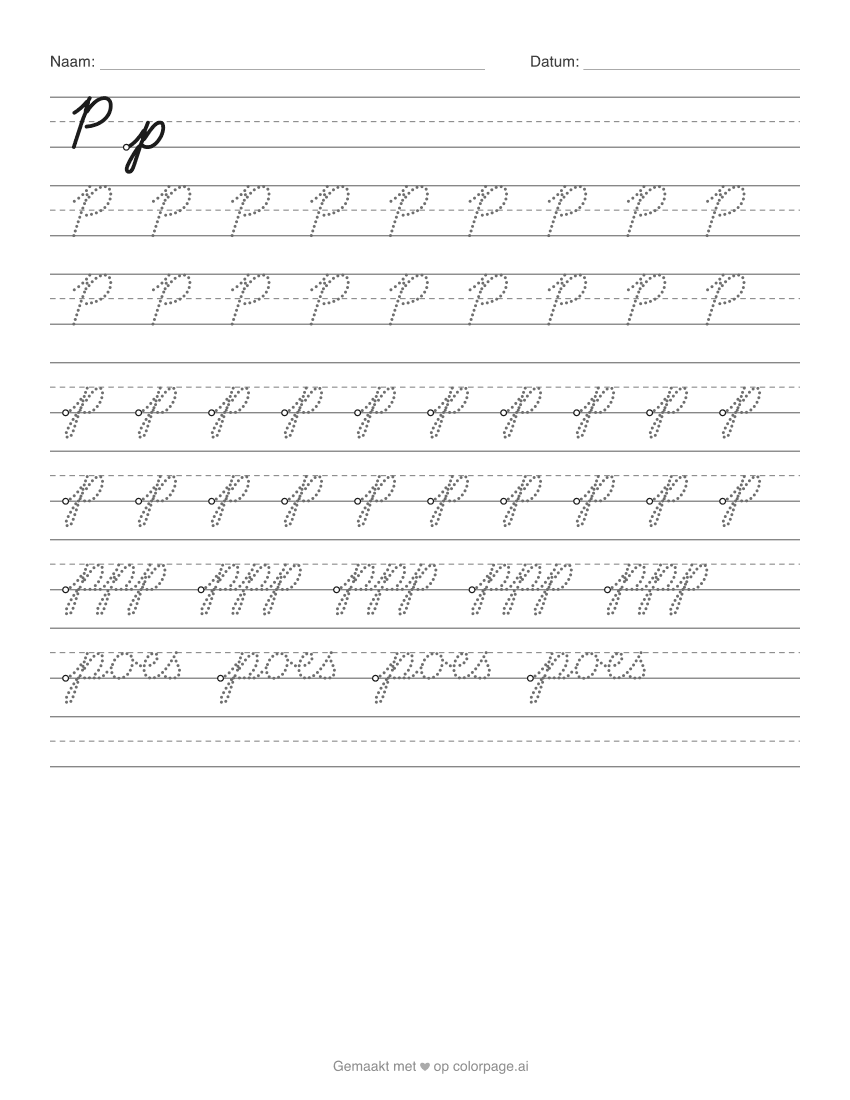 Werkblad schrijfletter P om te printen, met hoofdletter en kleine p om over te trekken