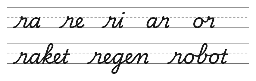 Verbindingen in schrijfletters met r (ra, re, ri, ar, or) en woorden om te oefenen: raket, regen, robot
