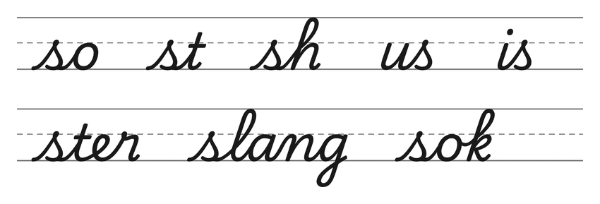 Verbindingen in schrijfletters met s (so, st, sh, us, is) en woorden om te oefenen: ster, slang, sok