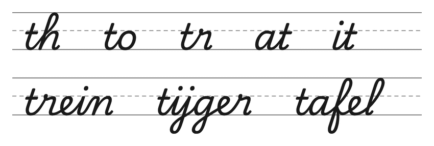 Verbindingen in schrijfletters met t (th, to, tr, at, it) en woorden om te oefenen: trein, tijger, tafel