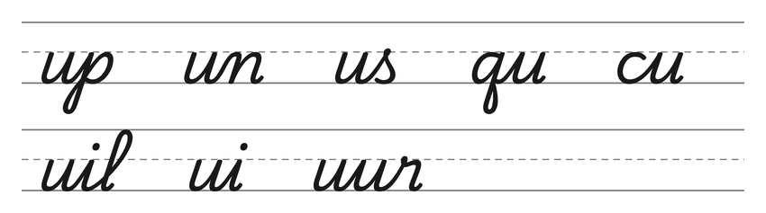Verbindingen in schrijfletters met u (up, un, us, qu, cu) en woorden om te oefenen: uil, ui, uur