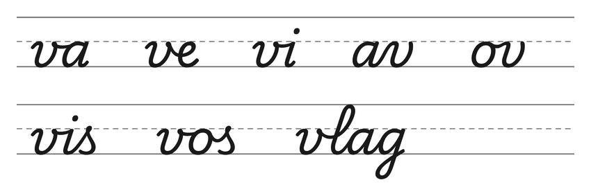 Verbindingen in schrijfletters met v (va, ve, vi, av, ov) en woorden om te oefenen: vis, vos, vlag