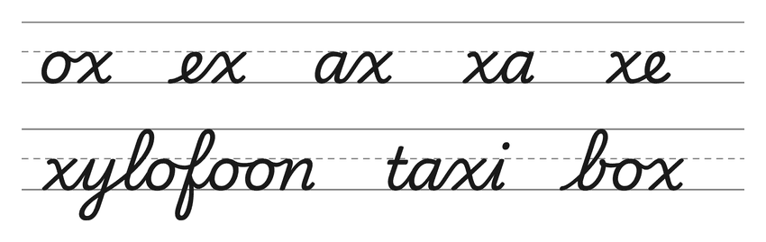 Verbindingen in schrijfletters met x (ox, ex, ax, xa, xe) en woorden om te oefenen: xylofoon, taxi, box