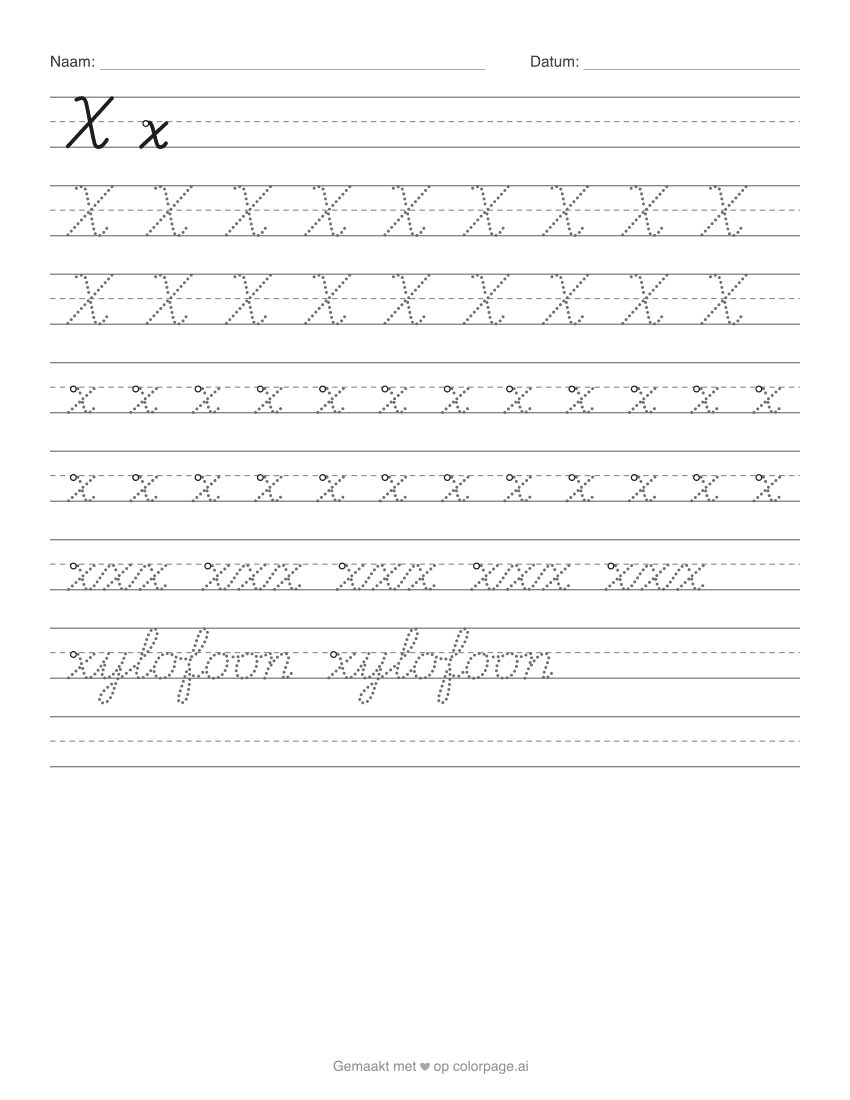 Werkblad schrijfletter X om te printen, met hoofdletter en kleine x om over te trekken