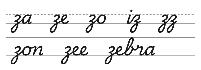 Verbindingen in schrijfletters met z (za, ze, zo, iz, zz) en woorden om te oefenen: zon, zee, zebra