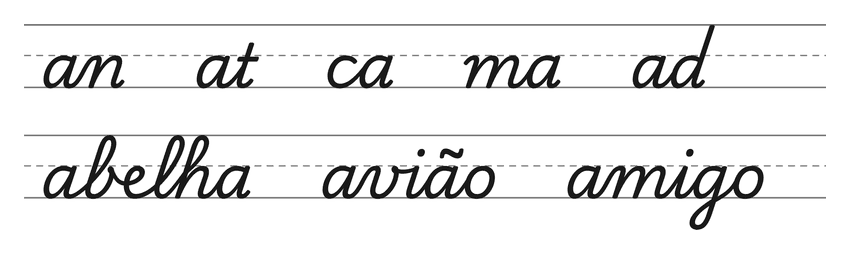 Ligações em letra cursiva com a (an, at, ca, ma, ad) e palavras para treinar: abelha, avião, amigo