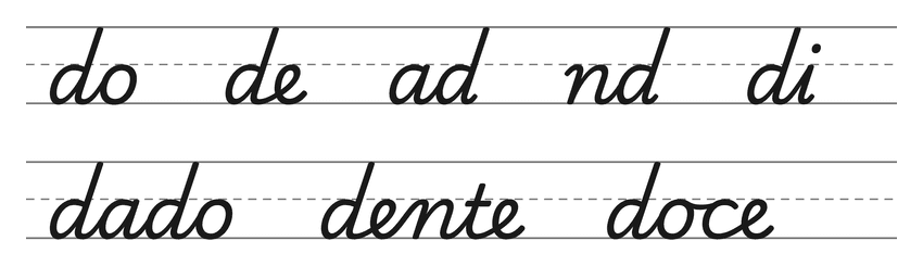 Ligações em letra cursiva com d (do, de, ad, nd, di) e palavras para treinar: dado, dente, doce