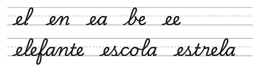 Ligações em letra cursiva com e (el, en, ea, be, ee) e palavras para treinar: elefante, escola, estrela