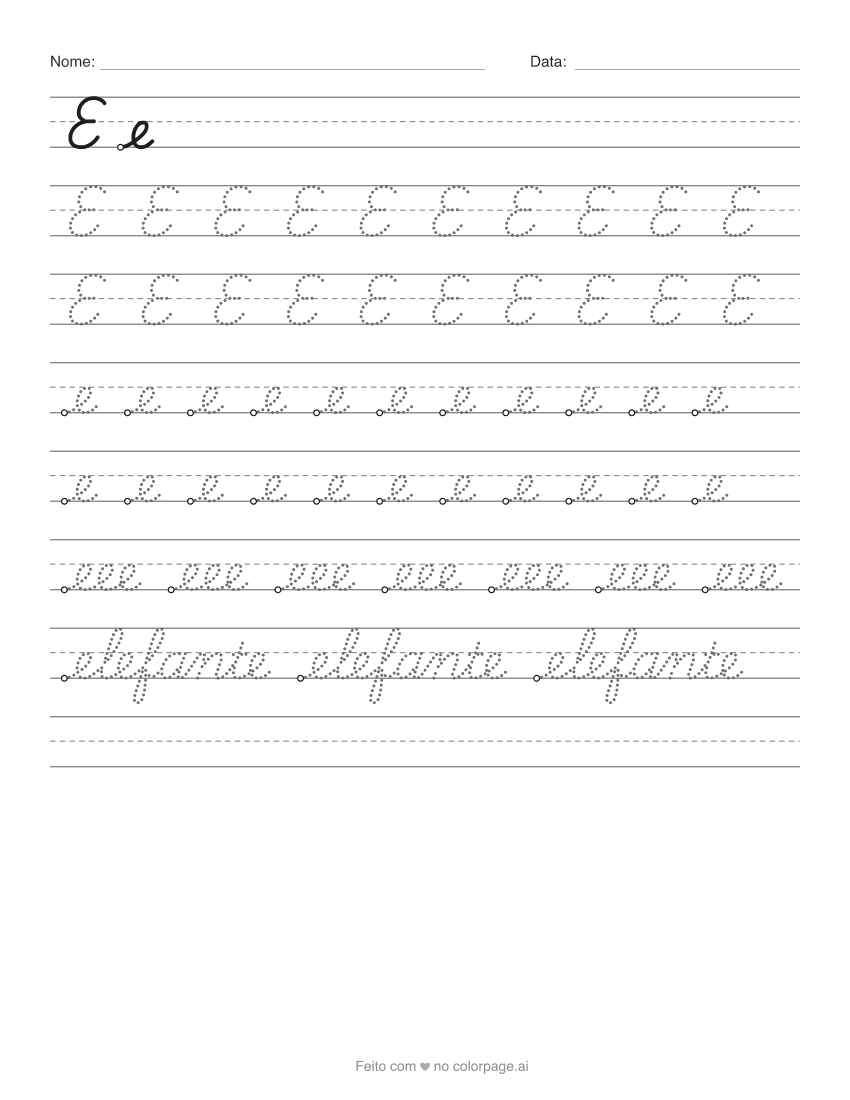Atividade da letra E cursiva para imprimir, com e maiúsculo e minúsculo para traçar