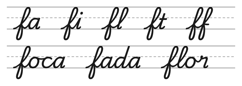 Ligações em letra cursiva com f (fa, fi, fl, ft, ff) e palavras para treinar: foca, fada, flor