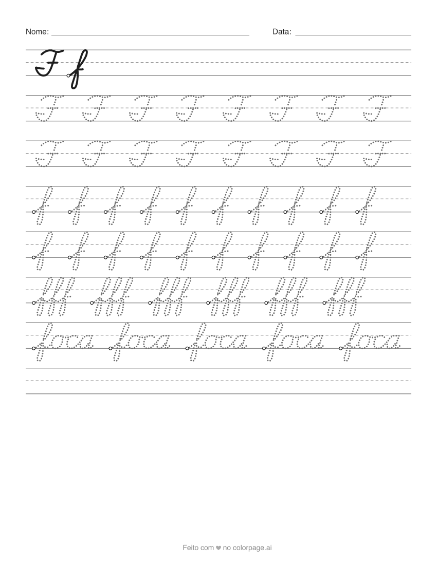 Atividade da letra F cursiva para imprimir, com f maiúsculo e minúsculo para traçar