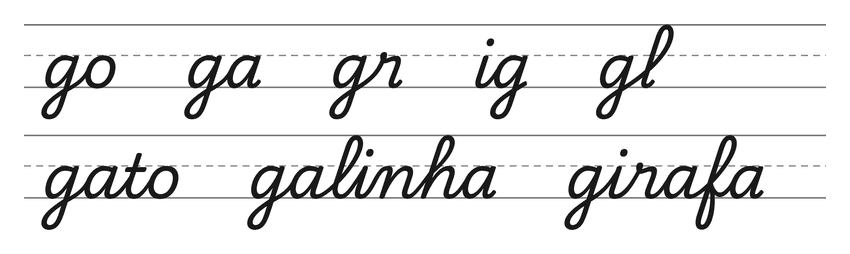 Ligações em letra cursiva com g (go, ga, gr, ig, gl) e palavras para treinar: gato, galinha, girafa
