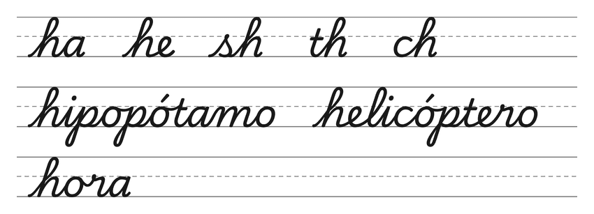 Ligações em letra cursiva com h (ha, he, sh, th, ch) e palavras para treinar: hipopótamo, helicóptero, hora