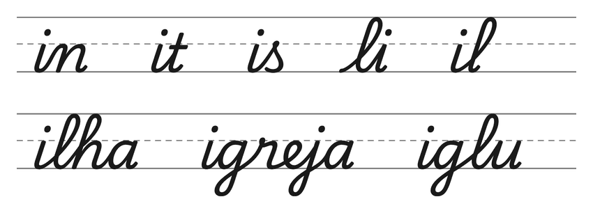 Ligações em letra cursiva com i (in, it, is, li, il) e palavras para treinar: ilha, igreja, iglu